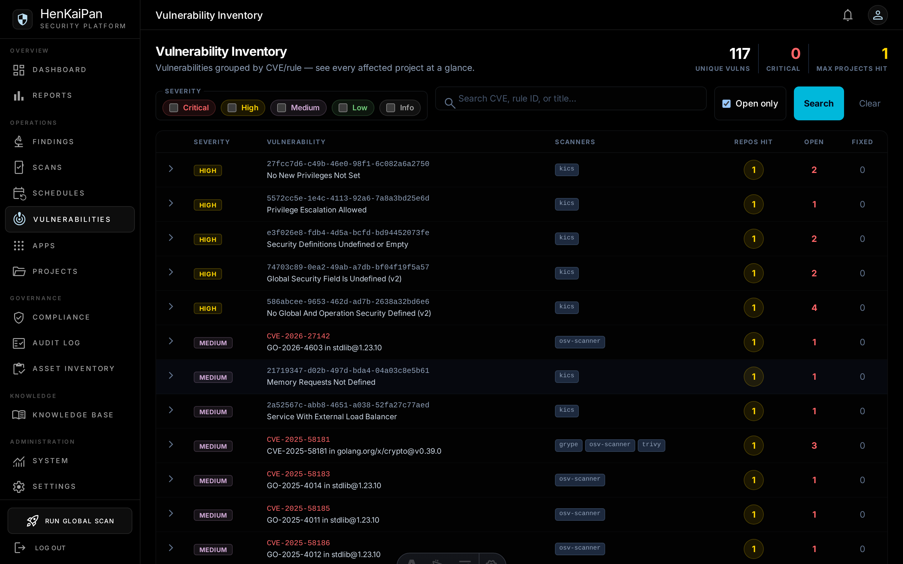 Vulnerability Inventory screenshot